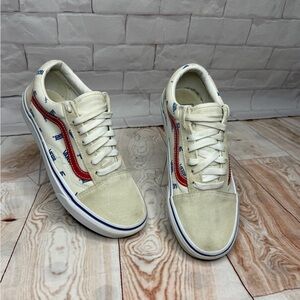 Vans Old Skool Cream Canvas Logo Print Sneakers | Retro| Mens 5 | Womens 6.5